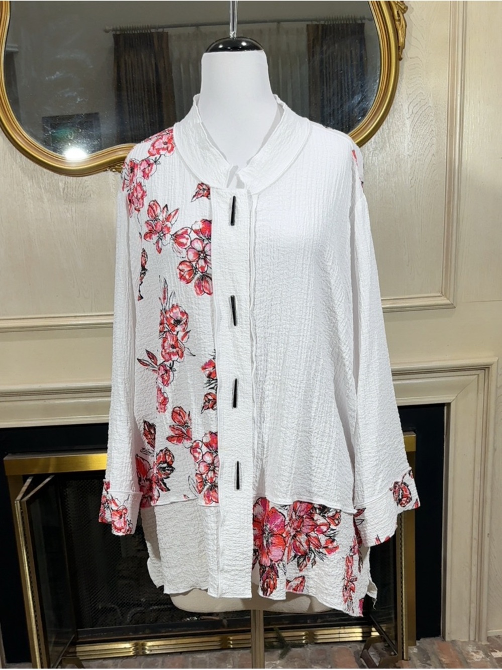 Ali Miles Floral Seersucker Button Front Tunic Size 3X Artsy Lagenlook